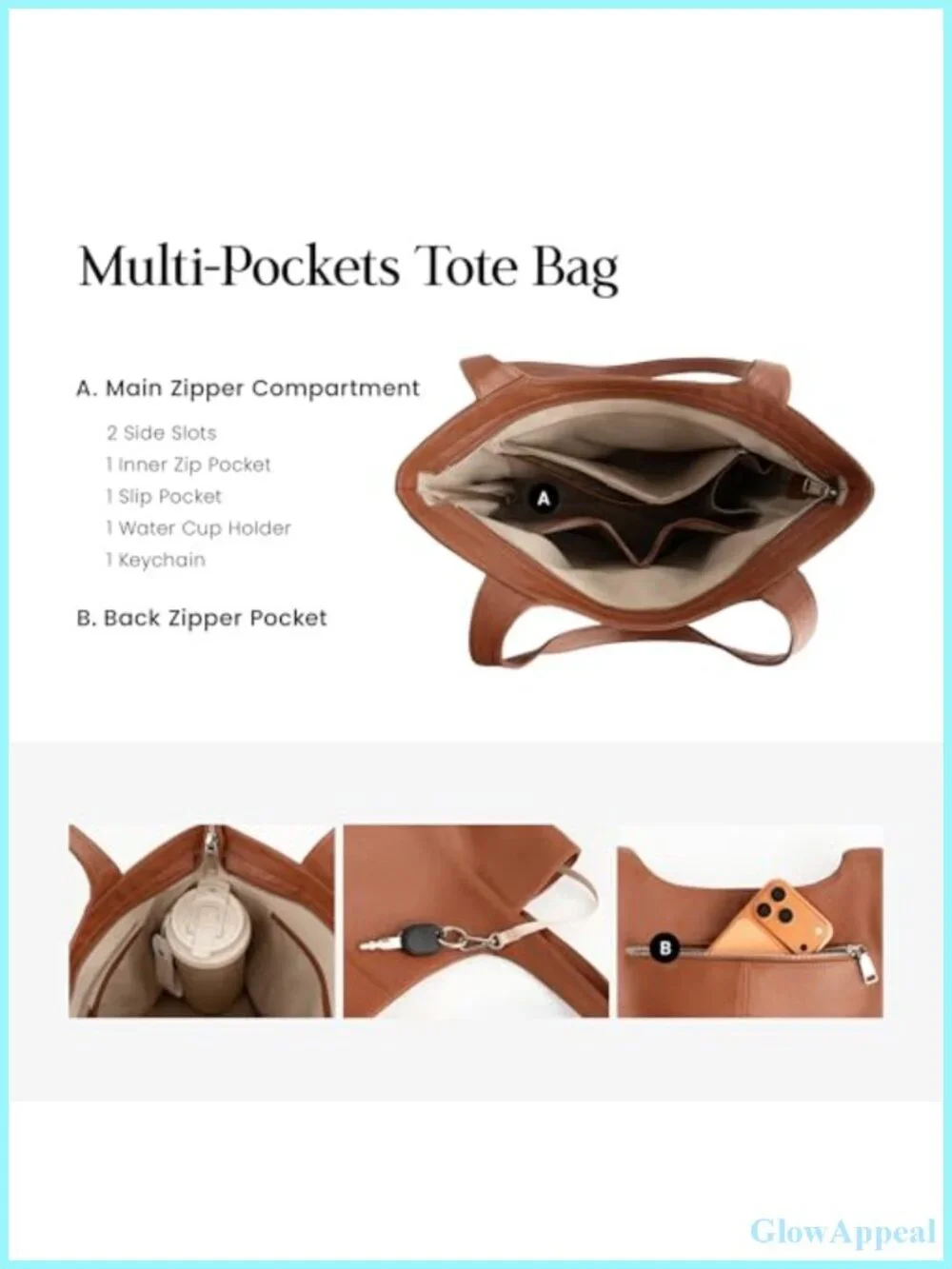 Genuine Leather Slouchy Tote Bag with Zipper & Multiple Pockets